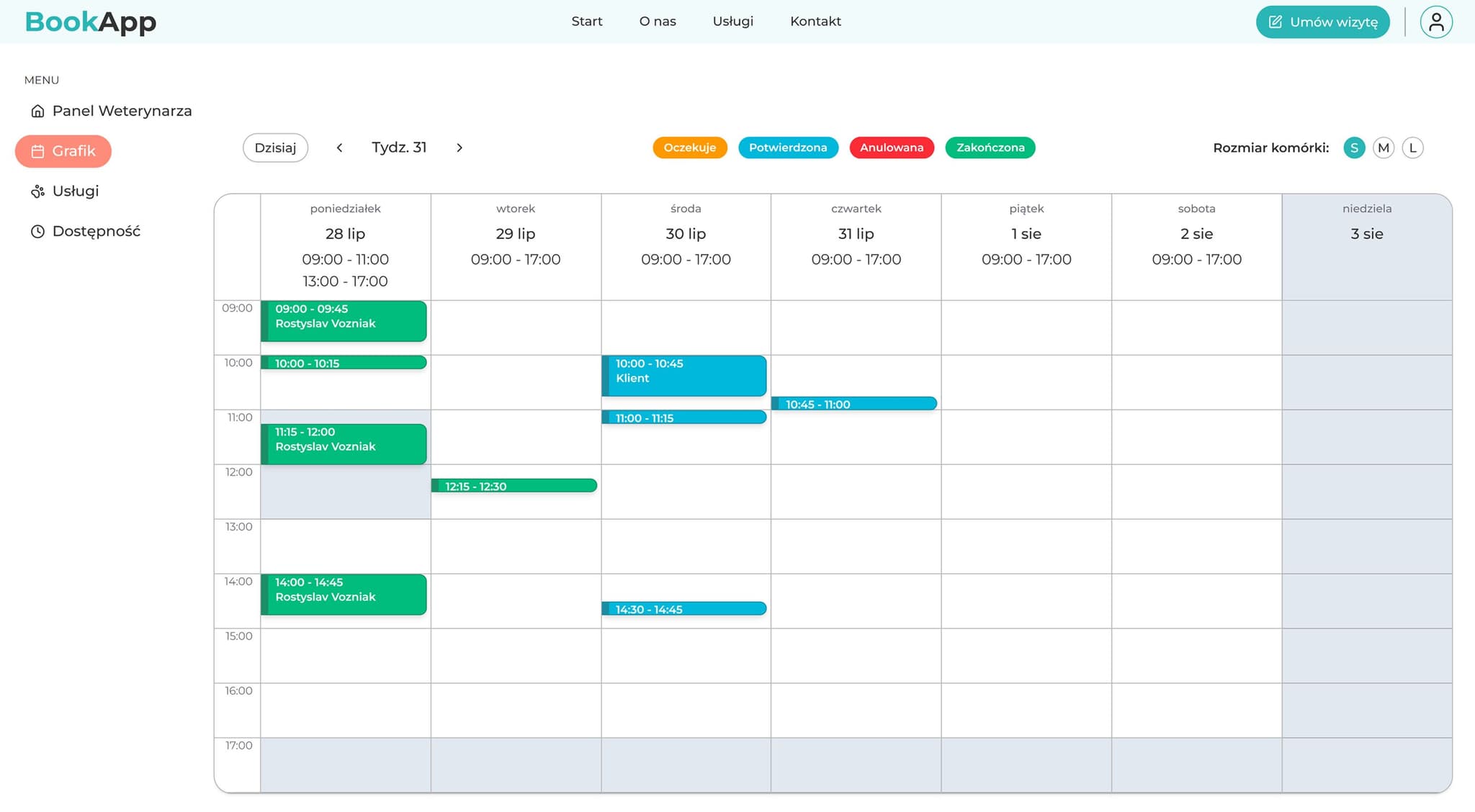 Panel weterynarza systemu BookApp
